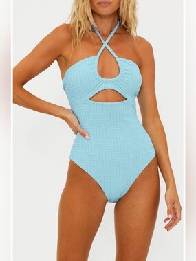 Beach Riot Phoenix Halter One-Piece Swimsuit Blue Textured Cutout